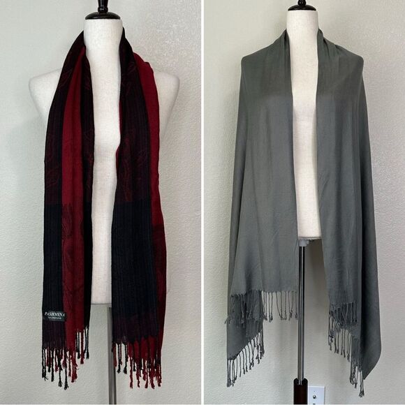 BUNDLE (2) 100% Pashmina Gray Burgundy Scarf - Picture 1 of 13